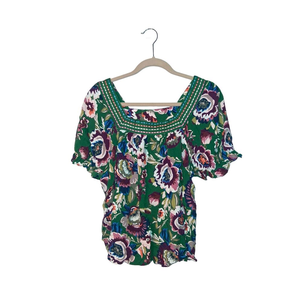 Style & Co Plus Size 2X Green Floral Square Neck Puff Sleeve Boho Top